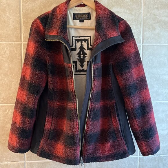 Pendleton Women’s Camas Water Resistant Red Buffalo Plaid Fleece Coat Small Zip - Picture 1 of 13